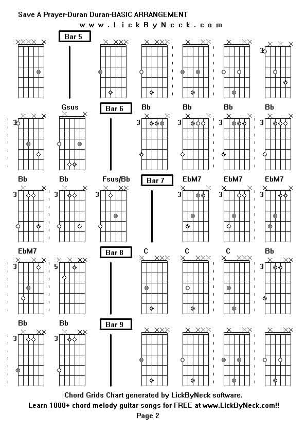 Chord Grids Chart of chord melody fingerstyle guitar song-Save A Prayer-Duran Duran-BASIC ARRANGEMENT,generated by LickByNeck software.